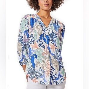 Jones New York Ocean Print Blouse Size Large Coastal Beach Vacation Resort